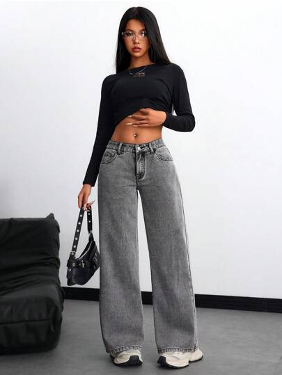 SHEIN ICON بنطلون جينز واسع الساق مع جيوب جانبية مناسب للنساء للارتداء بشكل عادي طوال فصول السنة