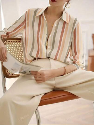 بلوزة كاجوال طويلة الأكمام مخططة, تصميم فريد عتيق, قياس ضيق مناسب للنساء