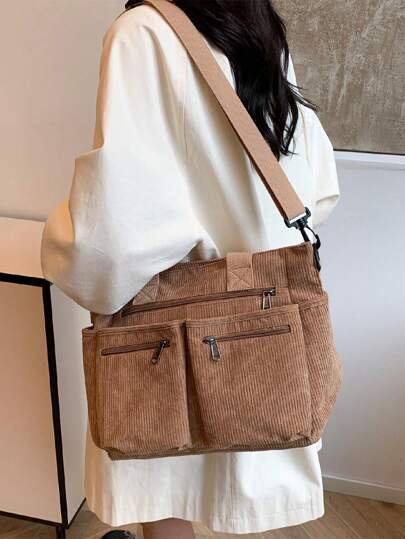 حقيبة كتف عصرية واسعة السعة متعددة الجيوب ، بتصميم بسيط، مناسبة للمدرسة والعمل والسفر، يمكن استخدامها كحقيبة محفظة