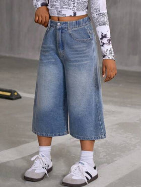 SHEIN Explorewe بنطال كابري واسع الساق من جينز مغسول بطراز قديم ، بتصميم مرتاح للفتيات البالغات ، مناسب للربيع والصيف