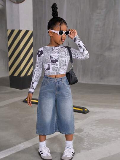 SHEIN Explorewe بنطال كابري واسع الساق من جينز مغسول بطراز قديم ، بتصميم مرتاح للفتيات البالغات ، مناسب للربيع والصيف