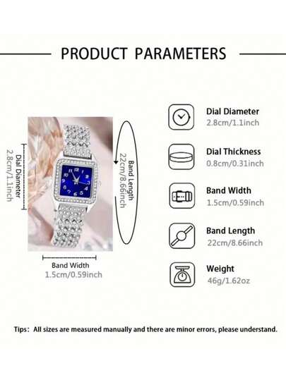 5 قطع ساعات نسائية فاخرة كوارتز + طقم مجوهرات ألماس بتصميم مربع أنيق، مناسبة للارتداء اليومي، هدية رائعة للأصدقاء والعائلة