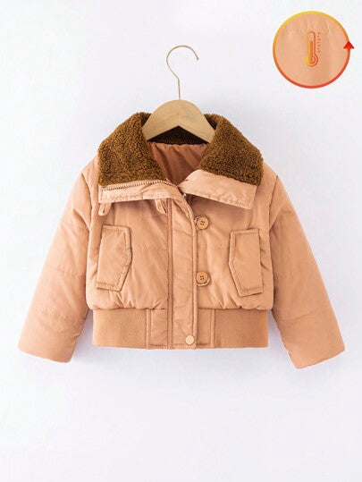 SHEIN معطف مبطن ذو ياقة دبدوب، أكمام طويلة، مبطن ودافئ، أنيق، مناسب للسفر والمدرسة والمناسبات، مقاس من 4 إلى 7 سنوات للبنات