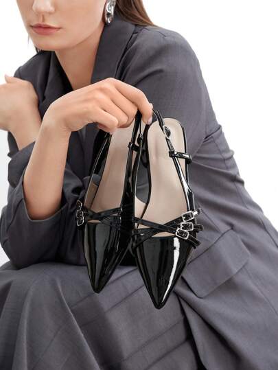 CUCCOO BIZCHIC أحذية نسائية جلد لامع أسود بسيور متشابكة على شكل نعل مدبب، مناسبة للعمل والمواعيد والمناسبات غير الرسمية، موضة جديدة للخريف والسنة الجديدة والعطلات