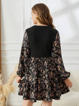 SHEIN فستان أنيق طويل الأكمام بقصة A-line للمراهقات، طراز ريفي، منقوش بنقشات زهور تقليدية في لوحات متداخلة ذات لون أسود