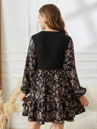SHEIN فستان أنيق طويل الأكمام بقصة A-line للمراهقات، طراز ريفي، منقوش بنقشات زهور تقليدية في لوحات متداخلة ذات لون أسود