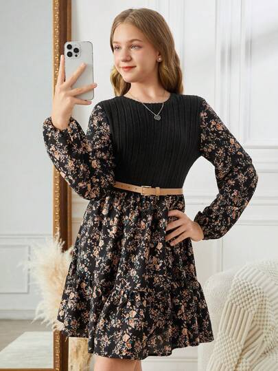 SHEIN فستان أنيق طويل الأكمام بقصة A-line للمراهقات، طراز ريفي، منقوش بنقشات زهور تقليدية في لوحات متداخلة ذات لون أسود