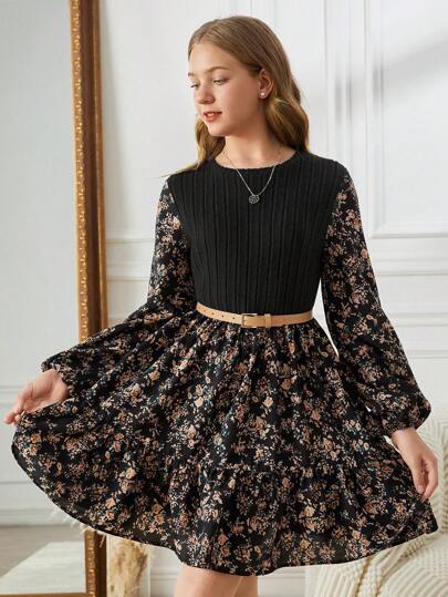 SHEIN فستان أنيق طويل الأكمام بقصة A-line للمراهقات، طراز ريفي، منقوش بنقشات زهور تقليدية في لوحات متداخلة ذات لون أسود