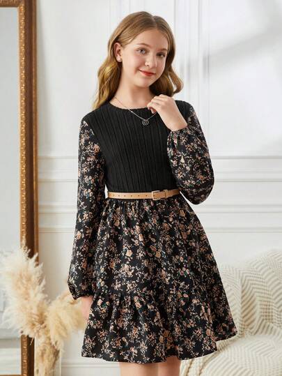 SHEIN فستان أنيق طويل الأكمام بقصة A-line للمراهقات، طراز ريفي، منقوش بنقشات زهور تقليدية في لوحات متداخلة ذات لون أسود