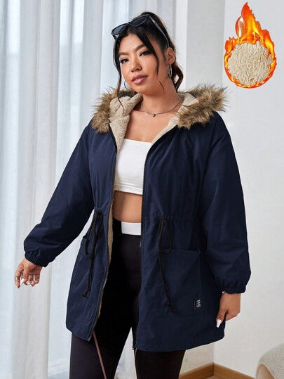SHEIN EZwear معطف أزرق داكن سميك مبطن، كاجوال للشتاء