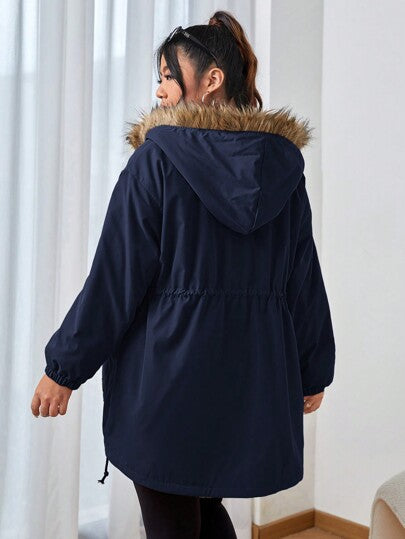SHEIN EZwear معطف أزرق داكن سميك مبطن، كاجوال للشتاء
