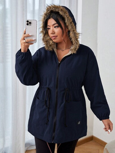 SHEIN EZwear معطف أزرق داكن سميك مبطن، كاجوال للشتاء