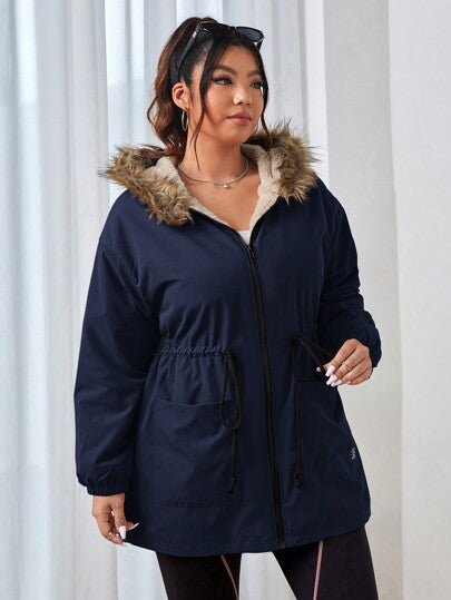 SHEIN EZwear معطف أزرق داكن سميك مبطن، كاجوال للشتاء