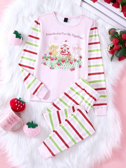 بيجاما Strawberry Shortcake X  طقم بيجامة تتكون من 2 قطعة بلوزة كم طويل مخططة بالوردي مع طباعة فراشة ولف توت العجم وبنطلون جلد جوارب للبنات في سن المراهقة المناسبة لعيد الميلاد