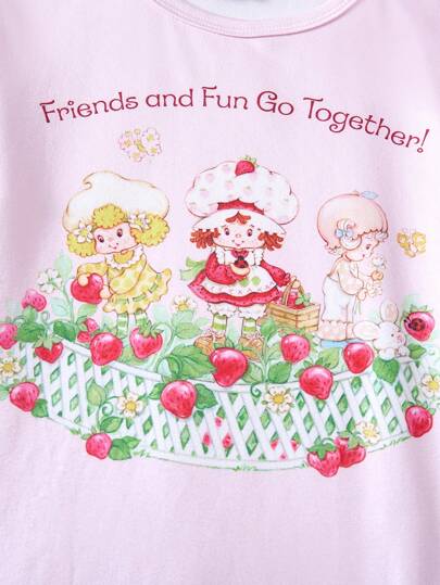 بيجاما Strawberry Shortcake X  طقم بيجامة تتكون من 2 قطعة بلوزة كم طويل مخططة بالوردي مع طباعة فراشة ولف توت العجم وبنطلون جلد جوارب للبنات في سن المراهقة المناسبة لعيد الميلاد