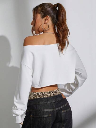Flirla Top بكم طويل قصير مقصوص رقبة غير متماثلة، باللون الأحادي الجريء والجذاب