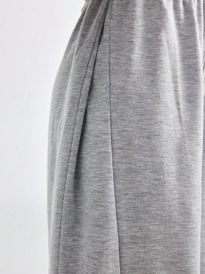 SHEIN بنطلون رياضي واسع الساق بخصر مربوط بسحاب للفتيات المراهقات، لون رمادي