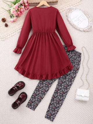 girls-sets طقم فستان مع سروال تحت للفتيات المراهقات، الفستان بخصر ممشوق وطبعة أزهار دقيقة، مناسب للخريف