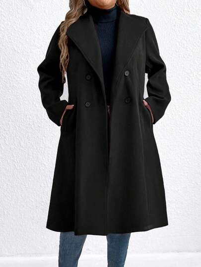 SHEIN Clasi معطف قطني طويل كاجوال ذو صدر مزدوج وجيوب، كم طويل، سماكة مناسبة للشتاء للمقاسات الكبيرة