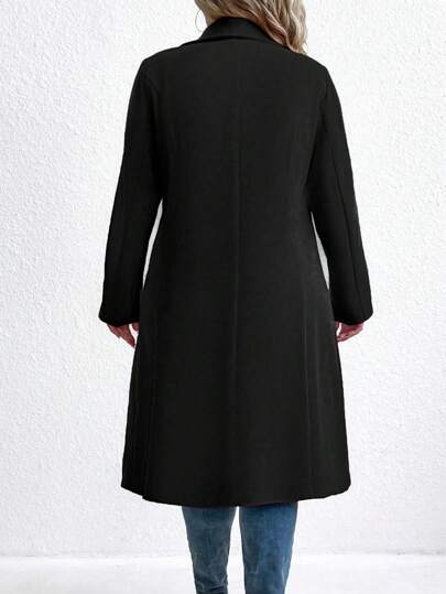 SHEIN Clasi معطف قطني طويل كاجوال ذو صدر مزدوج وجيوب، كم طويل، سماكة مناسبة للشتاء للمقاسات الكبيرة