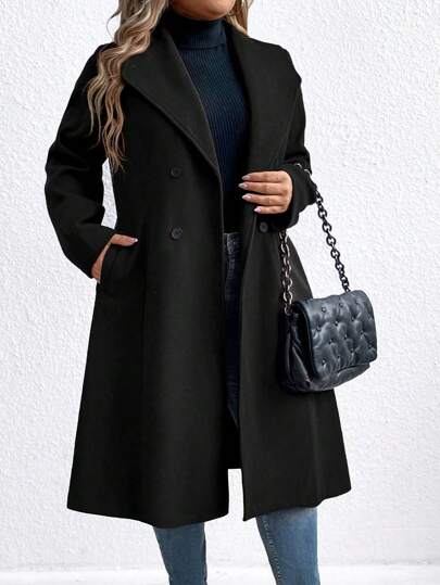 SHEIN Clasi معطف قطني طويل كاجوال ذو صدر مزدوج وجيوب، كم طويل، سماكة مناسبة للشتاء للمقاسات الكبيرة