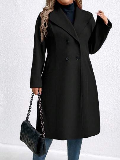 SHEIN Clasi معطف قطني طويل كاجوال ذو صدر مزدوج وجيوب، كم طويل، سماكة مناسبة للشتاء للمقاسات الكبيرة