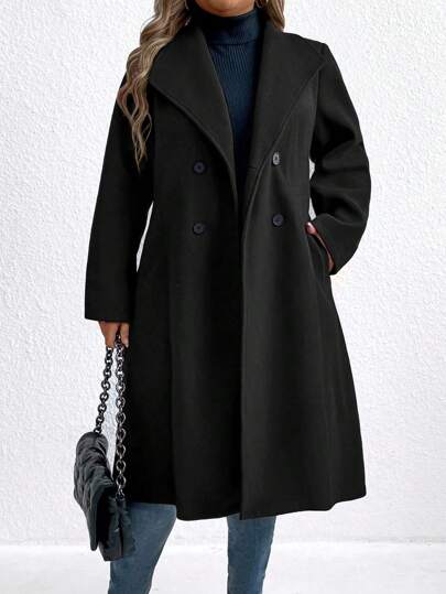 SHEIN Clasi معطف قطني طويل كاجوال ذو صدر مزدوج وجيوب، كم طويل، سماكة مناسبة للشتاء للمقاسات الكبيرة