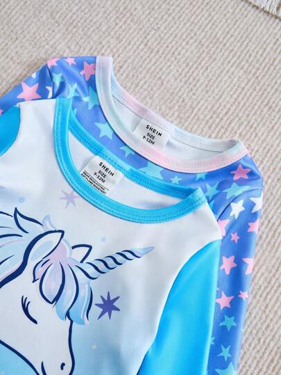 SHEIN مجموعتان من بيجامات البنات الرضع المريحة والمناسبة للجسم، بطابع النجوم والوحيد الأبيض متعددة الألوان الازرق