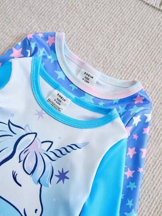 SHEIN مجموعتان من بيجامات البنات الرضع المريحة والمناسبة للجسم، بطابع النجوم والوحيد الأبيض متعددة الألوان الازرق