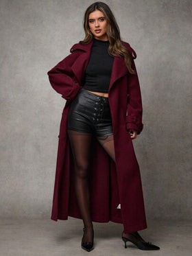 SHEIN BAE معطف طويل أنيق أرجواني اللون بأكمام طويلة وأزرار أمامية، للارتداء اليومي العادي، معطف أرجواني فينتاج دافئ وسميك للارتداء في فصل الشتاء، مناسب لأزياء النساء في