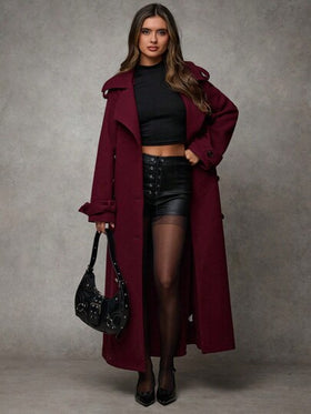 SHEIN BAE معطف طويل أنيق أرجواني اللون بأكمام طويلة وأزرار أمامية، للارتداء اليومي العادي، معطف أرجواني فينتاج دافئ وسميك للارتداء في فصل الشتاء، مناسب لأزياء النساء في