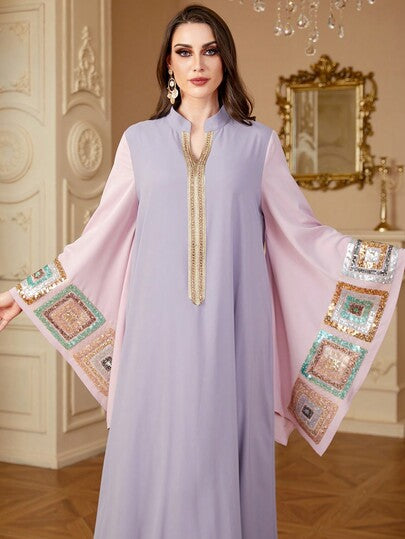 SISKAKIA رمضان عباية نسائية من سيساكيا مطرزة بشرائط من الأشرطة والماس، بياقة واقفة مخرزة، أكمام واسعة، أناقة والتزام، كافتان مغربي سعودي فضفاض طويل الأكمام