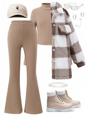 SHEIN ChillGRL طقم بسروال ريب مخصر وكنزة عنق عالي جاكيت كم طويل مربع ، وأعلى كتاف صلب ، 3 قطع للفتاة المراهقة