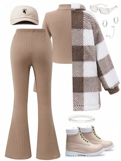 SHEIN ChillGRL طقم بسروال ريب مخصر وكنزة عنق عالي جاكيت كم طويل مربع ، وأعلى كتاف صلب ، 3 قطع للفتاة المراهقة