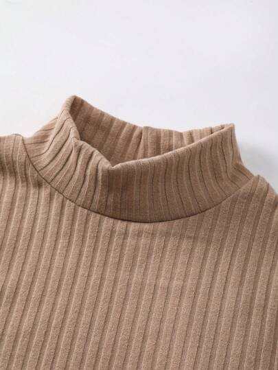 SHEIN ChillGRL طقم بسروال ريب مخصر وكنزة عنق عالي جاكيت كم طويل مربع ، وأعلى كتاف صلب ، 3 قطع للفتاة المراهقة