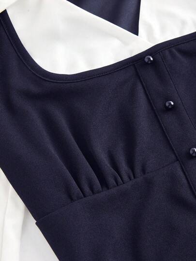 SHEIN MOD قميص بياقة منقوشة وأكمام طويلة باللون الأبيض والأزرق داكن مع تصميم منتفخ الصدر