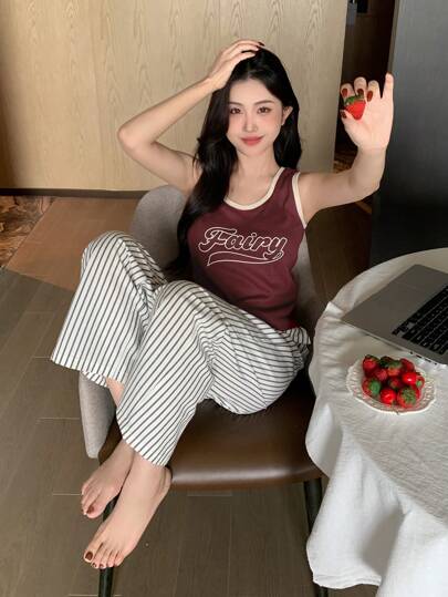 DAZY طقم ملابس نوم يتكون من خزان عليه طباعة حرفية ديكورية بتصميم ألوان متباينة وبنطال بيجاما فضفاض مخطط رمضان