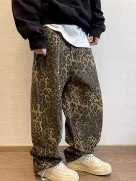 بنطلون جينز رجالي بطبعة نمر، بنطلون كاجوال فضفاض بساق مستقيمة، طراز رجعي
