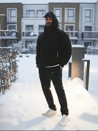 1 قطعة جاكيت رياضية كاجوال خارجية مبطنة بقبعة للرجال، معطف شتوي بلون سادة من طراز الشارع