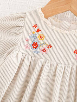 فساتين بيبي Cozy Pixies فستان طويل الأكمام بخصر ملفوف، طراز معين النباتات للأطفال البنات، بياقة دائرية وتطريز رافل