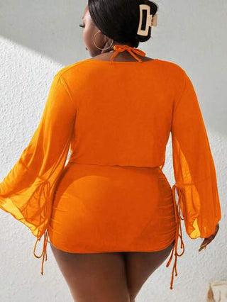 SHEIN Slayr CURVE طقم بادي تانكيني مكون من 4 قطع، موديل أكمام جرس مع رباط وقصة كشكشة، ذو لون أحادي، مناسب للصيف والشاطئ، مقاسات كبيرة