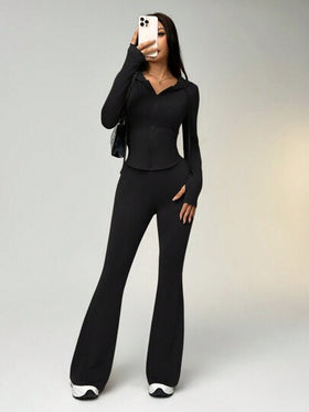 SHEIN EZwear طقم رياضي من سترة بسحاب وغطاء للرأس وبنطلون واسع، مجموعة لون أحادي