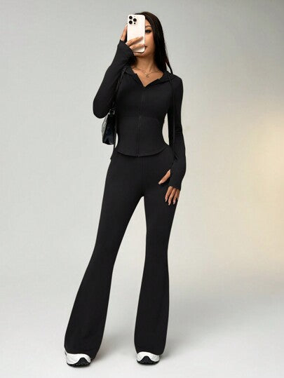 SHEIN EZwear طقم رياضي من سترة بسحاب وغطاء للرأس وبنطلون واسع، مجموعة لون أحادي