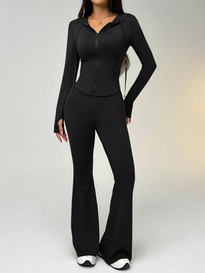 SHEIN EZwear طقم رياضي من سترة بسحاب وغطاء للرأس وبنطلون واسع، مجموعة لون أحادي