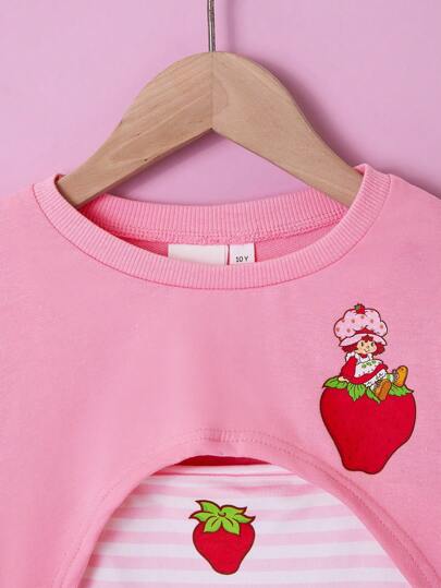 ملابس بناتي Strawberry Shortcake X  طقم بناطيل وبلوزات كاجوال للبنات المراهقات بطراز Y2K عبارة عن 3 قطع: ملابس علوية كروب فضفاضة بطبعة فراولة ، ملابس علوية كامي مخطط ، وبناطيل بطبعة حرفية