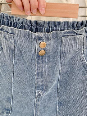 SHEIN بنطلون جينز بخصر مسطح وجيوب واسع الساق للفتيات المراهقات، ملابس كاجوال بوهيمية للعطلات، ملابس يومية للفتيات