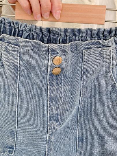 SHEIN بنطلون جينز بخصر مسطح وجيوب واسع الساق للفتيات المراهقات، ملابس كاجوال بوهيمية للعطلات، ملابس يومية للفتيات