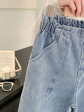 SHEIN بنطلون جينز بخصر مسطح وجيوب واسع الساق للفتيات المراهقات، ملابس كاجوال بوهيمية للعطلات، ملابس يومية للفتيات