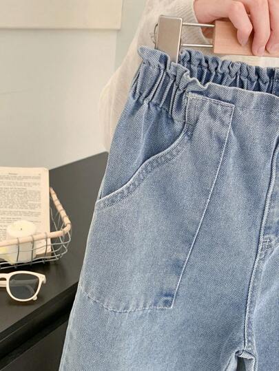 SHEIN بنطلون جينز بخصر مسطح وجيوب واسع الساق للفتيات المراهقات، ملابس كاجوال بوهيمية للعطلات، ملابس يومية للفتيات