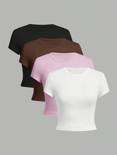 SHEIN Explorewe تي شيرت كاجوال كم قصير ذو رقبة دائرية بلون واحد للبنات المراهقات